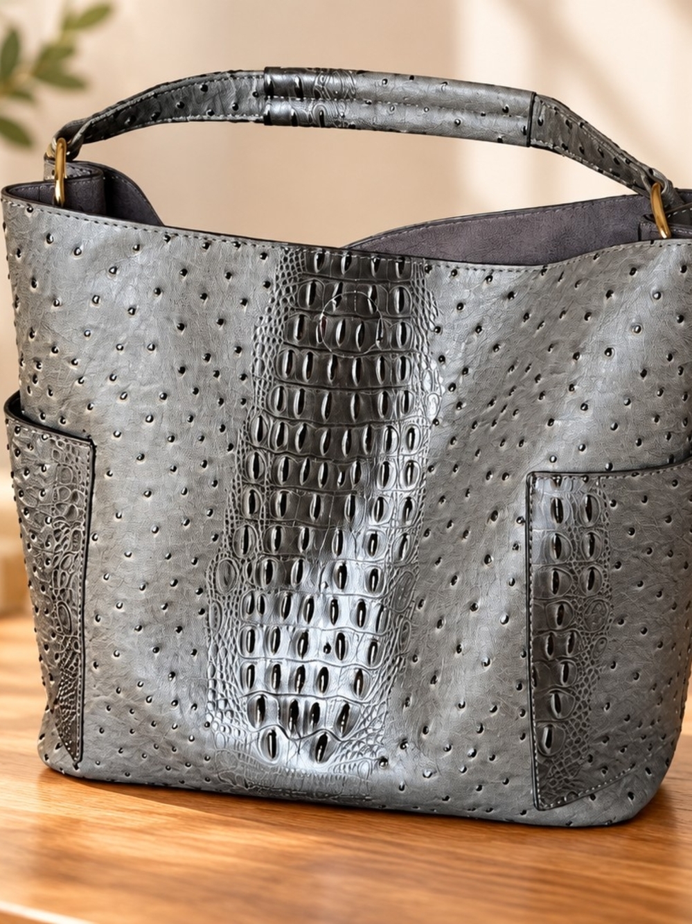Le Miel Grey Ostrich & Crocodile Embossed Vegan Leather Hobo Bag